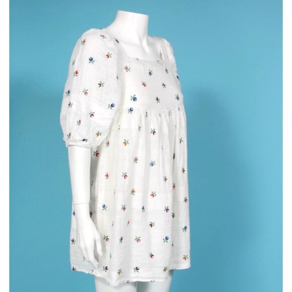 KIMCHI & BLUE White Floral Embroidered Folk Balloon Sleeve Babydoll Dress XS 114 - Picture 3 of 6